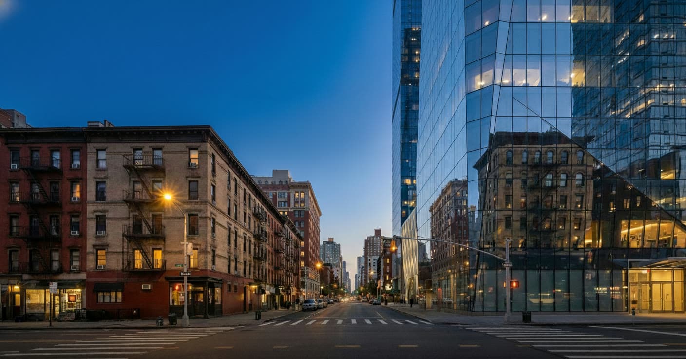 New York City — old tenements reflected in modern glass towers